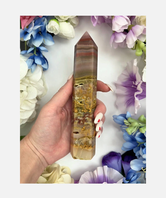 Pink Onyx Banded Agate Obelisk