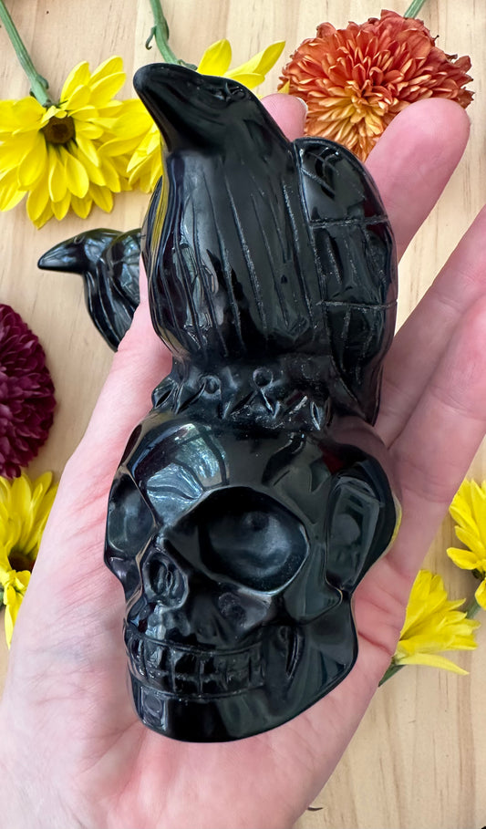 Black Obsidian Skull with Raven